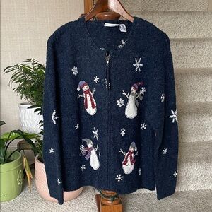 Croft & Barrow Silk & Wool Blue Snowflake Snowman Holiday Sweater Cardigan